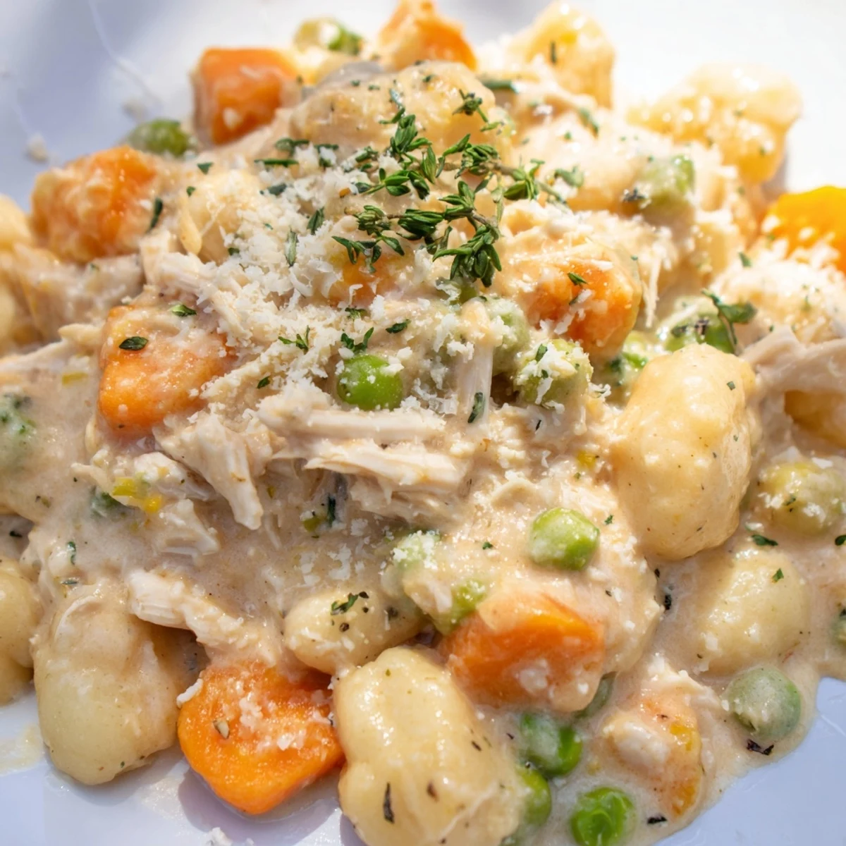 One pot gnocchi chicken pot pie topped with fresh parsley and melted Parmesan