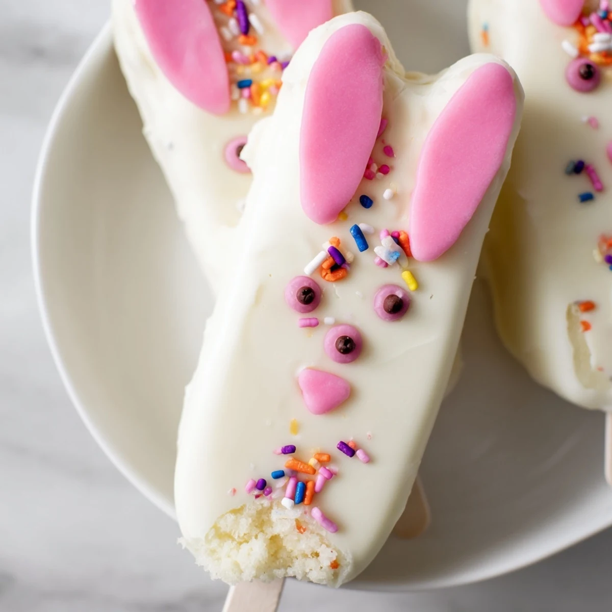 Adorable white chocolate bunny cakesicles with candy eyes and pink ears on sticks