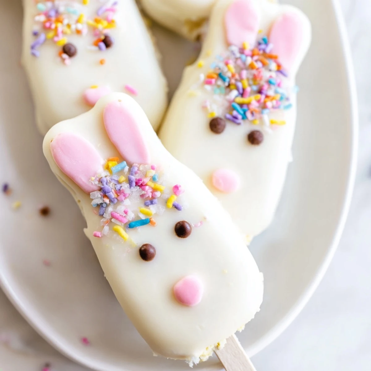 Creamy white chocolate bunny cakesicles decorated with sprinkles for festive Easter treats