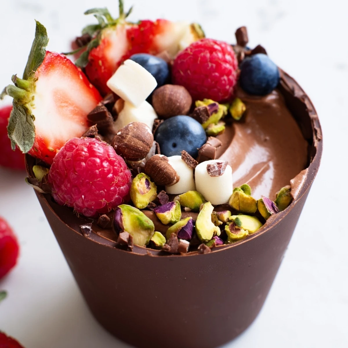 Decadent chocolate grazing cups filled with silky mousse and crowned with vibrant fresh berries