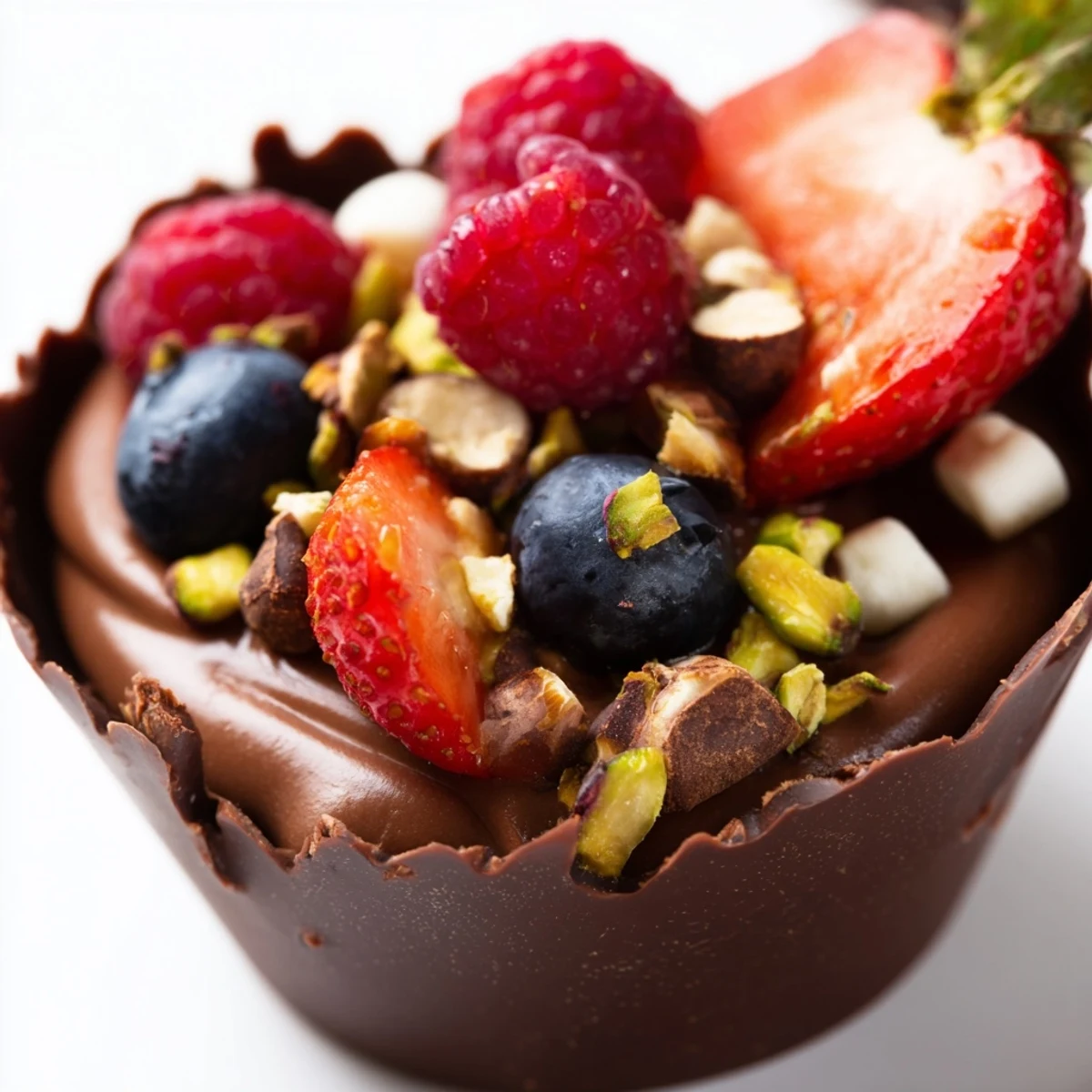 Rich chocolate grazing cups topped with crunchy nuts, berries, and delicate chocolate curls