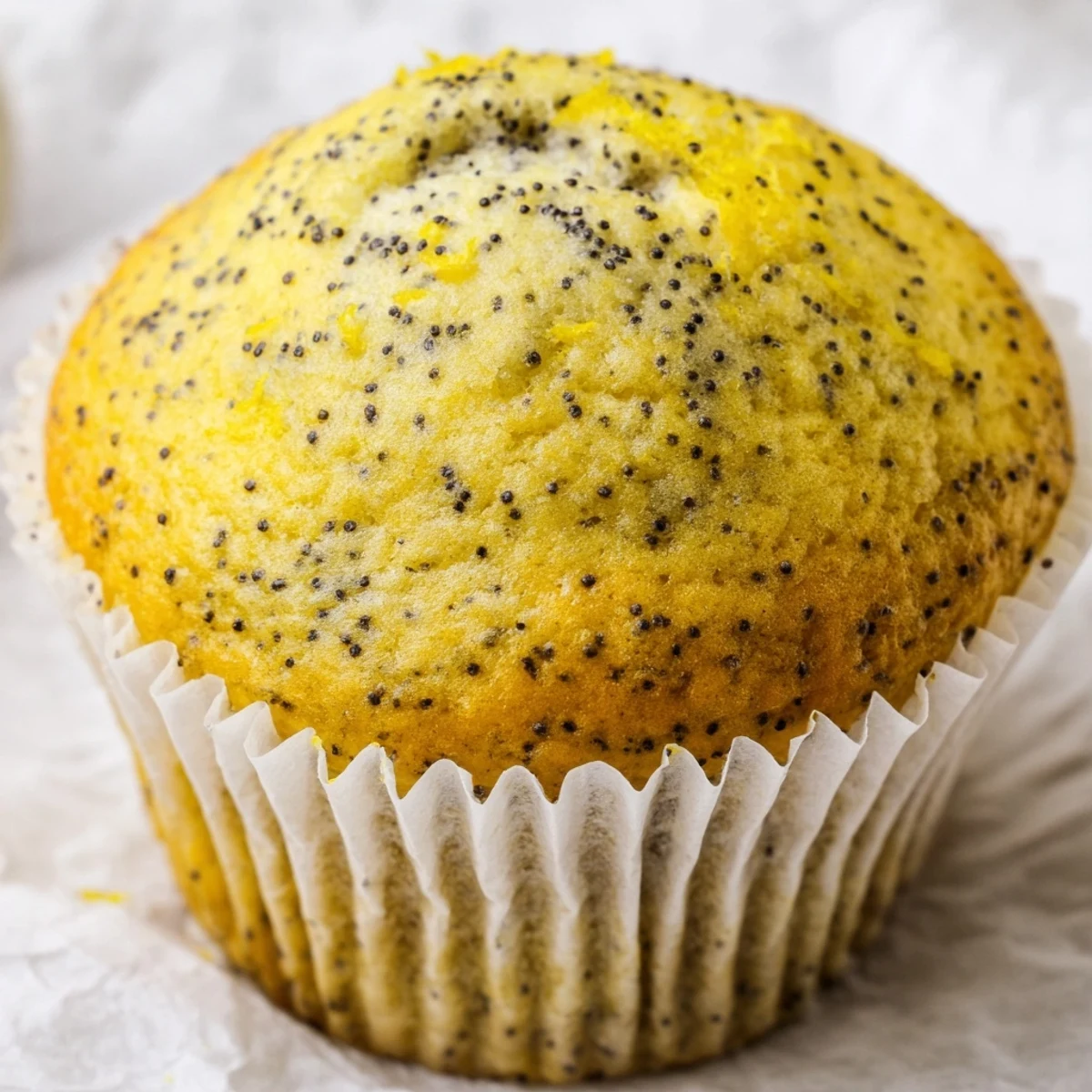 Moist lemon poppy seed muffins studded with tiny black seeds served on a rustic ceramic plate.