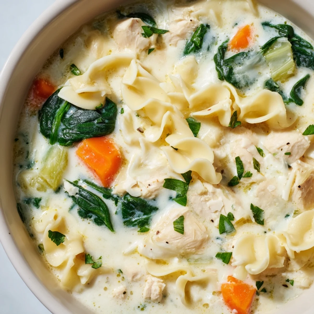 Creamy Italian white lasagna soup in a white bowl topped with fresh parsley and Parmesan cheese