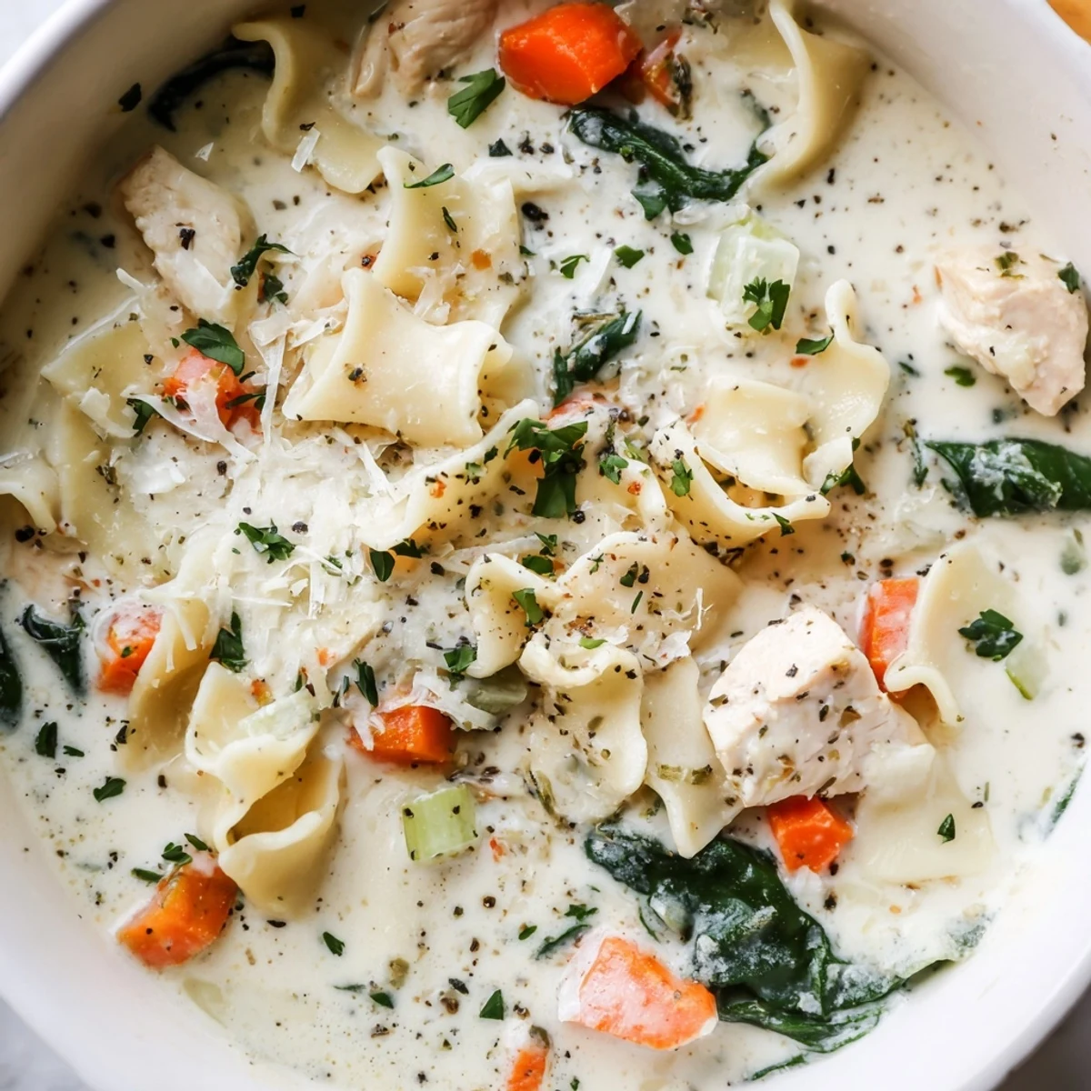 Steaming bowl of Italian white lasagna soup with tender chicken, spinach, and broken noodle pieces
