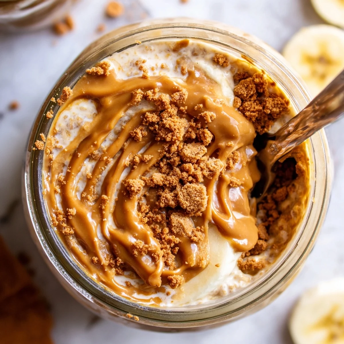 Creamy Biscoff overnight oats topped with crushed cookies in a glass jar ready for breakfast