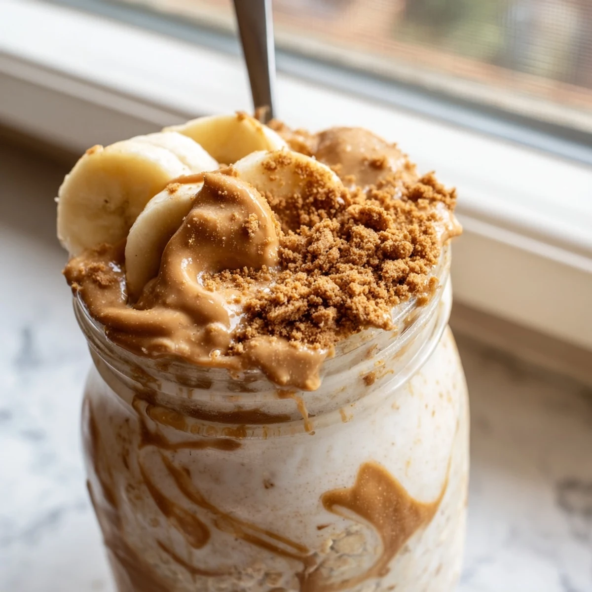 Biscoff overnight oats swirled with caramel cookie butter and crunchy cookie crumbles on top