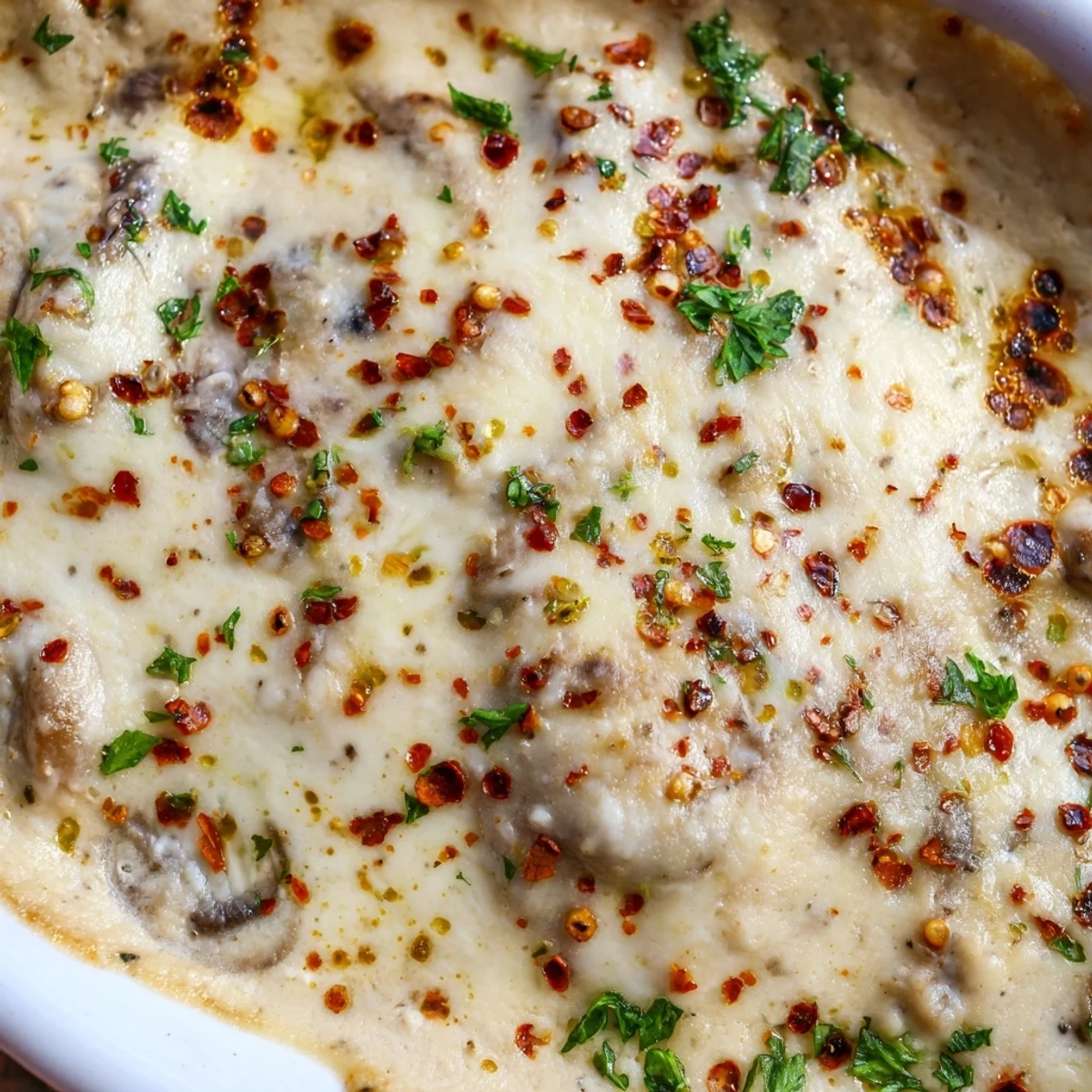 Creamy stuffed mushroom dip bubbling with golden melted cheese in a rustic baking dish