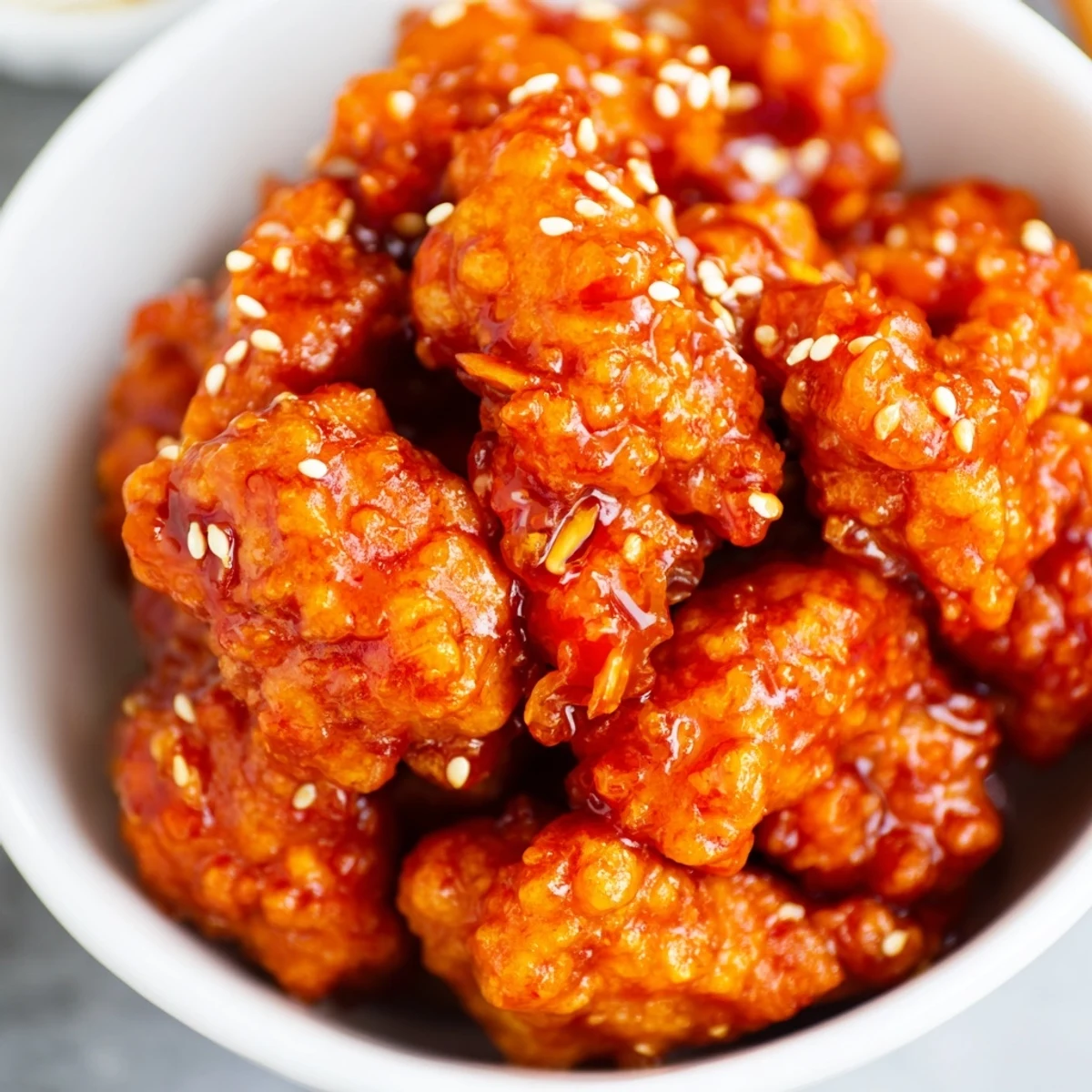 Spicy firecracker ground chicken bowls with crisp vegetables and glossy orange sauce drizzled on top