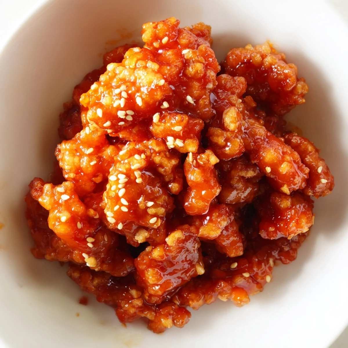 Firecracker ground chicken bowls served over fluffy rice with fresh cucumber carrots and bell peppers