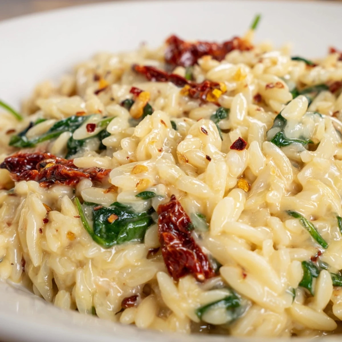 Creamy Tuscan orzo in a white bowl with vibrant spinach and sun-dried tomatoes
