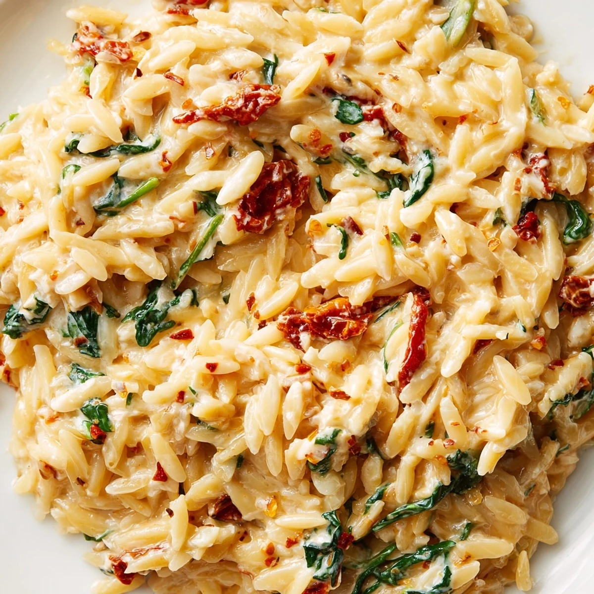 Golden creamy Tuscan orzo garnished with fresh basil and grated Parmesan cheese