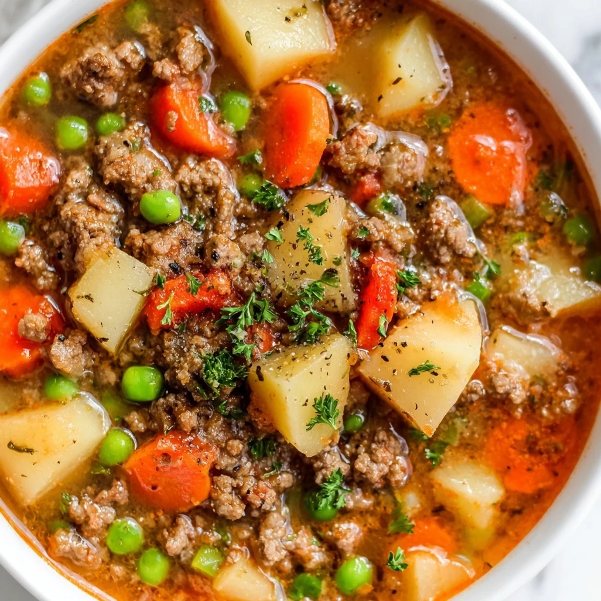 Steaming bowl of ground beef and potato soup with tender chunks and savory broth