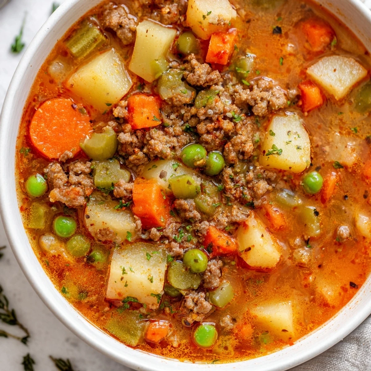 Hearty ground beef and potato soup featuring carrots, celery, and golden browned meat