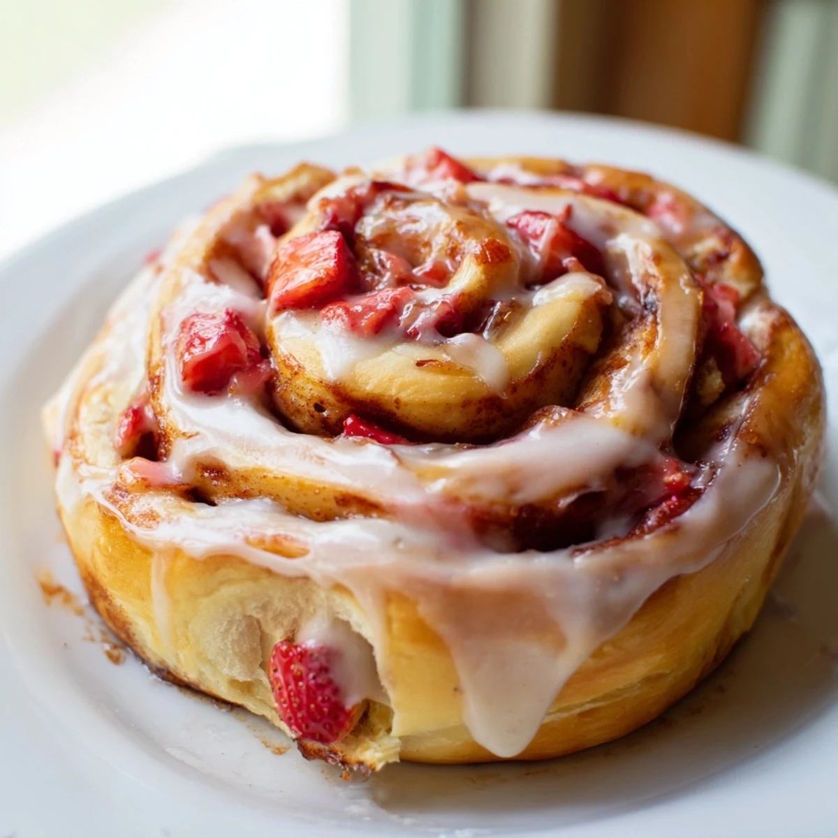 Golden strawberry cinnamon rolls swirled with sweet cinnamon and topped with creamy glaze