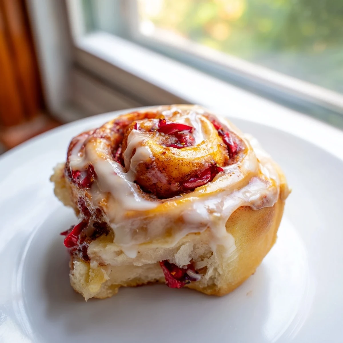 Fresh strawberry cinnamon rolls drizzled with rich cream cheese icing on a white plate
