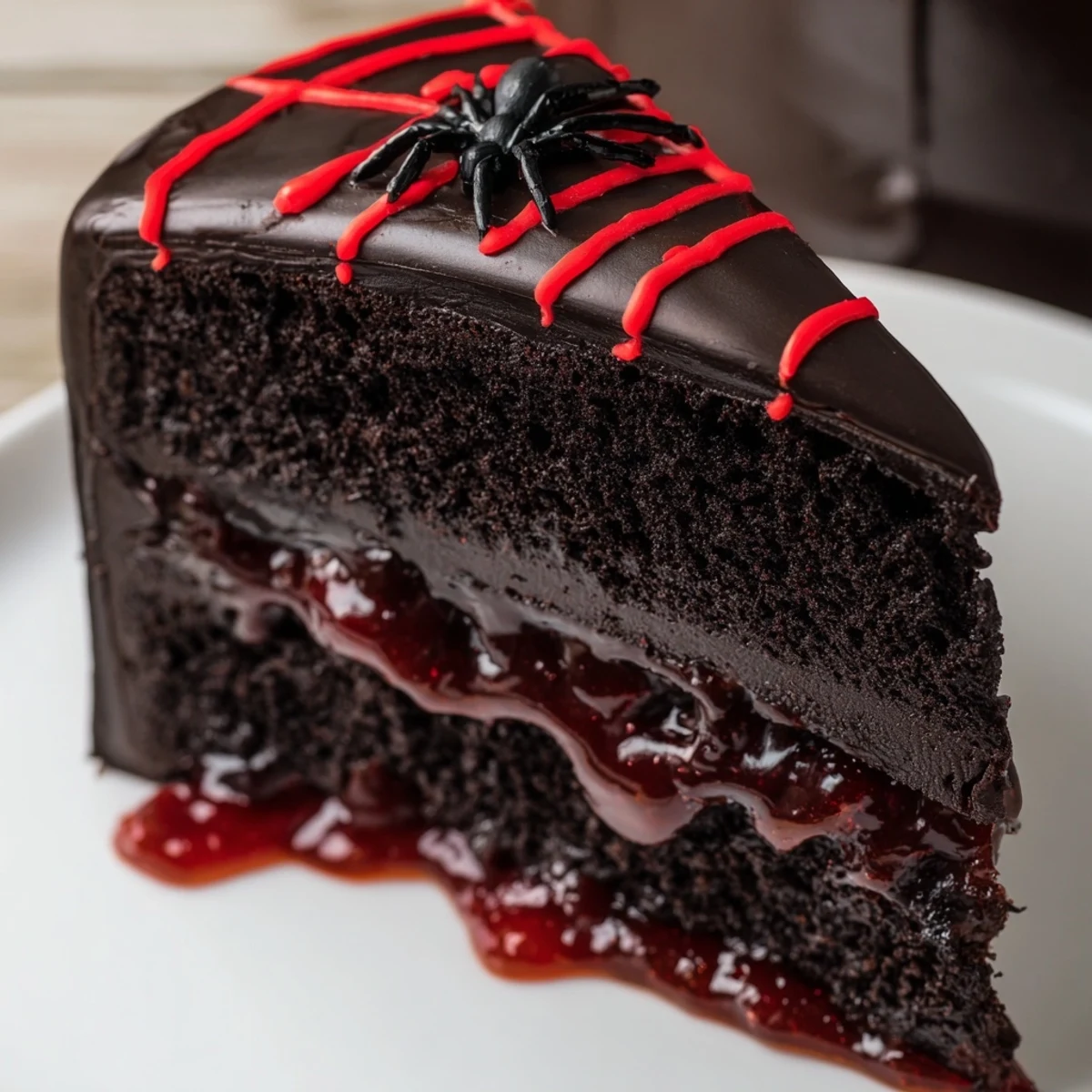Dark Black Widow Cake with glossy ganache drippings and eerie red vein decorations
