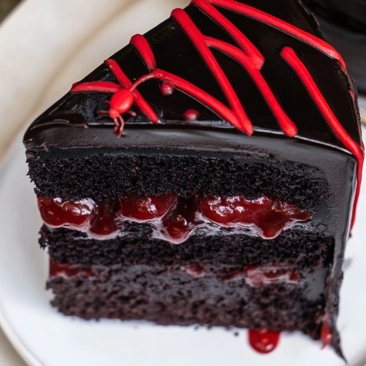 Hidden Horror Black Widow Cake sliced open to reveal deep red cherry compote