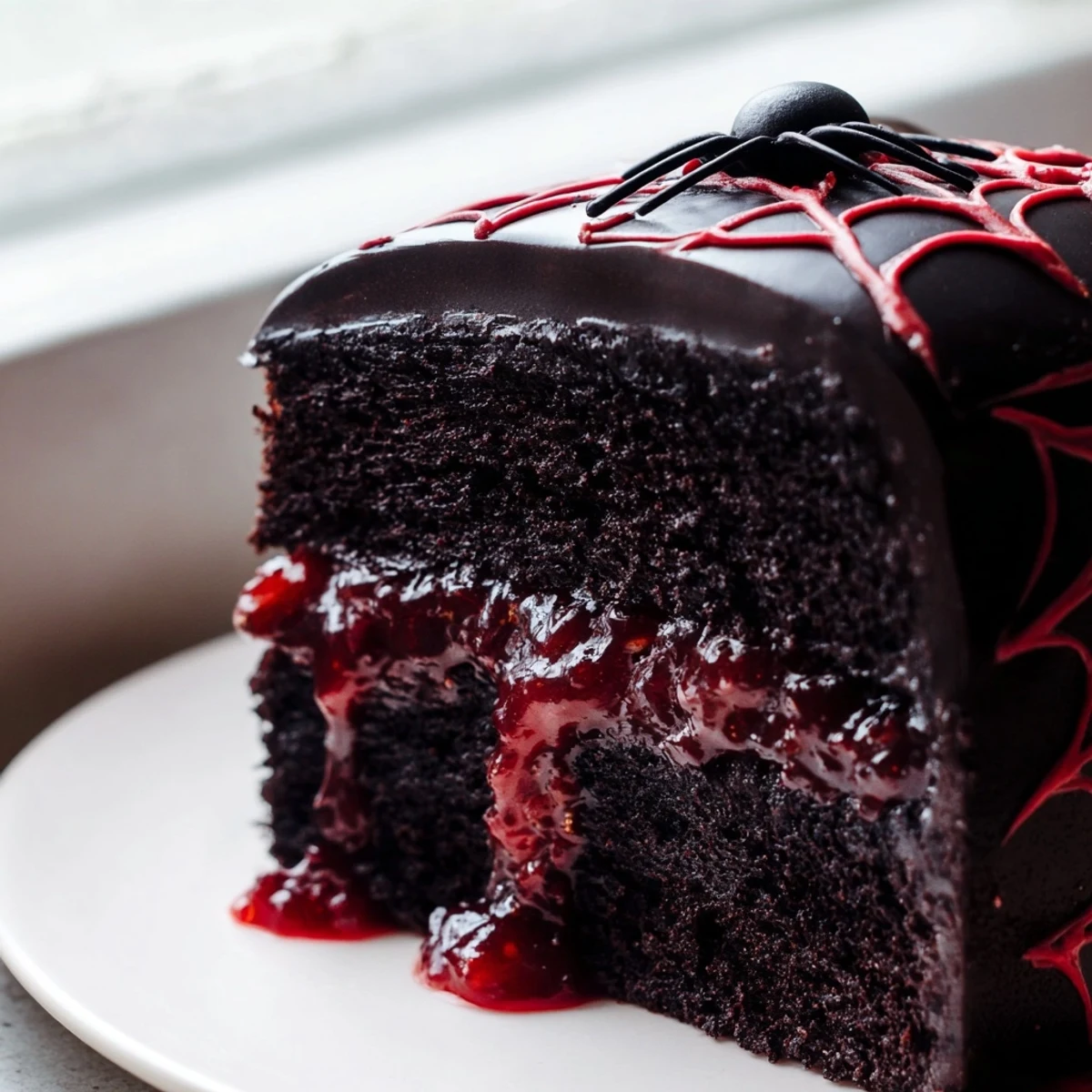 Spooky Black Widow Cake topped with black cocoa ganache and fondant spiders