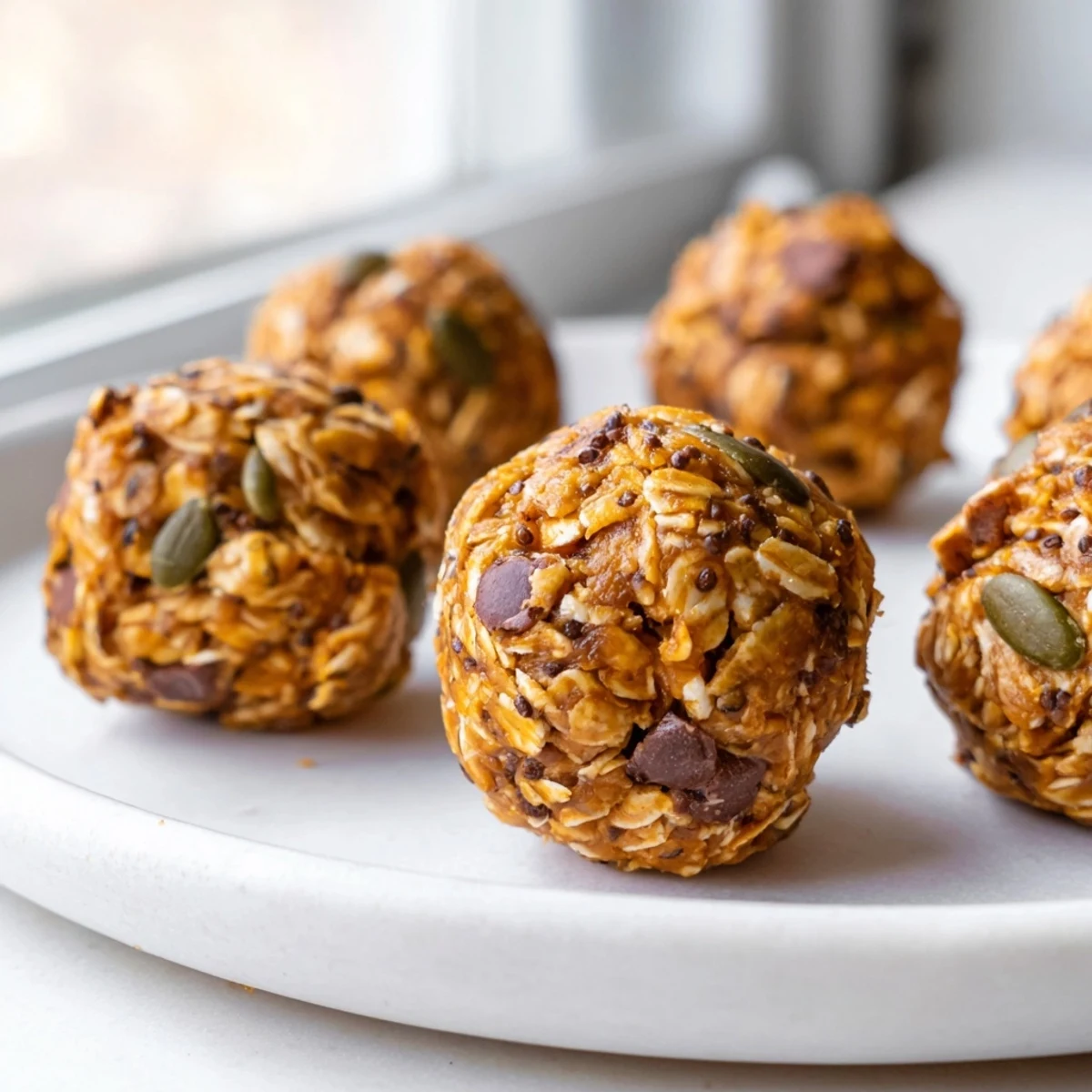 Golden no bake pumpkin protein balls coated in oats on a rustic wooden board