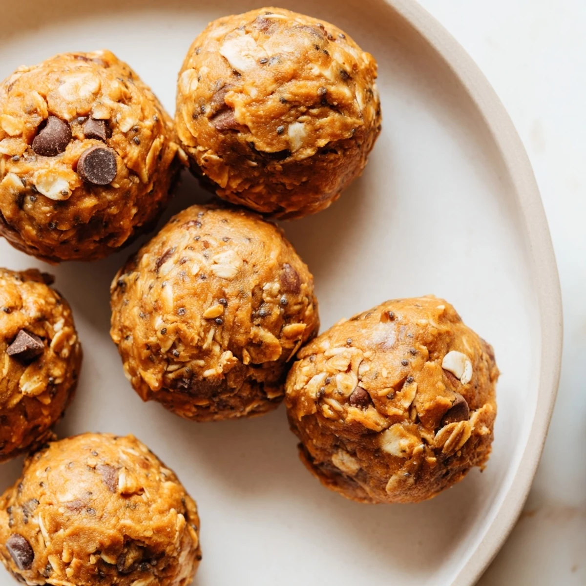 Soft no bake pumpkin protein balls arranged on parchment dusted with warm cinnamon spice