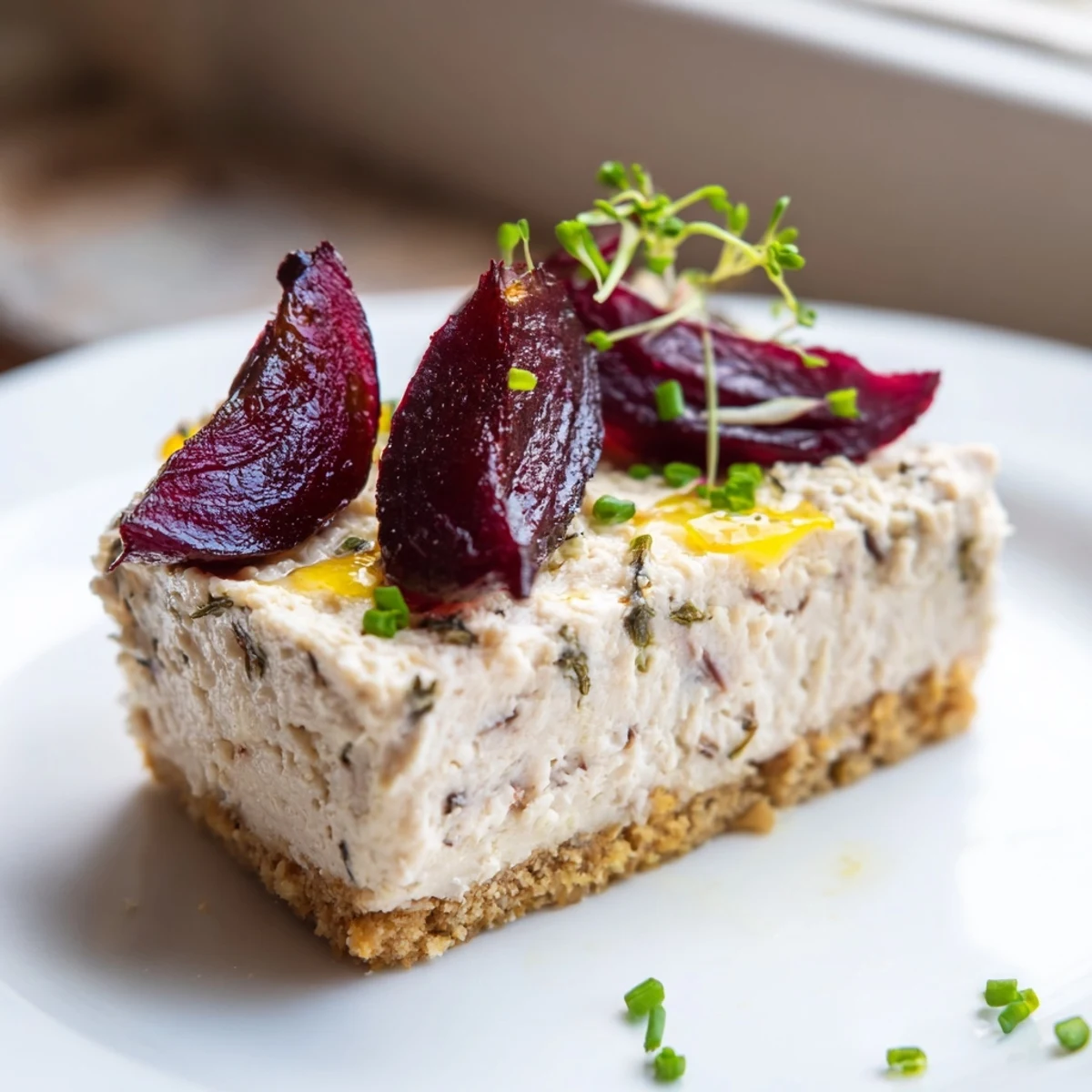 Creamy savoury cheesecake with roasted beetroot garnished with fresh herbs and microgreens