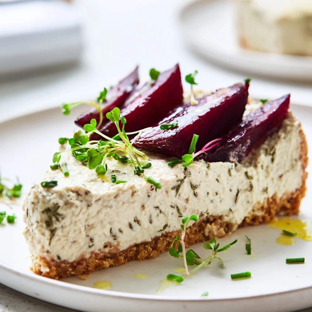 Golden-crusted savoury cheesecake topped with caramelized beetroot wedges and a drizzle of olive oil