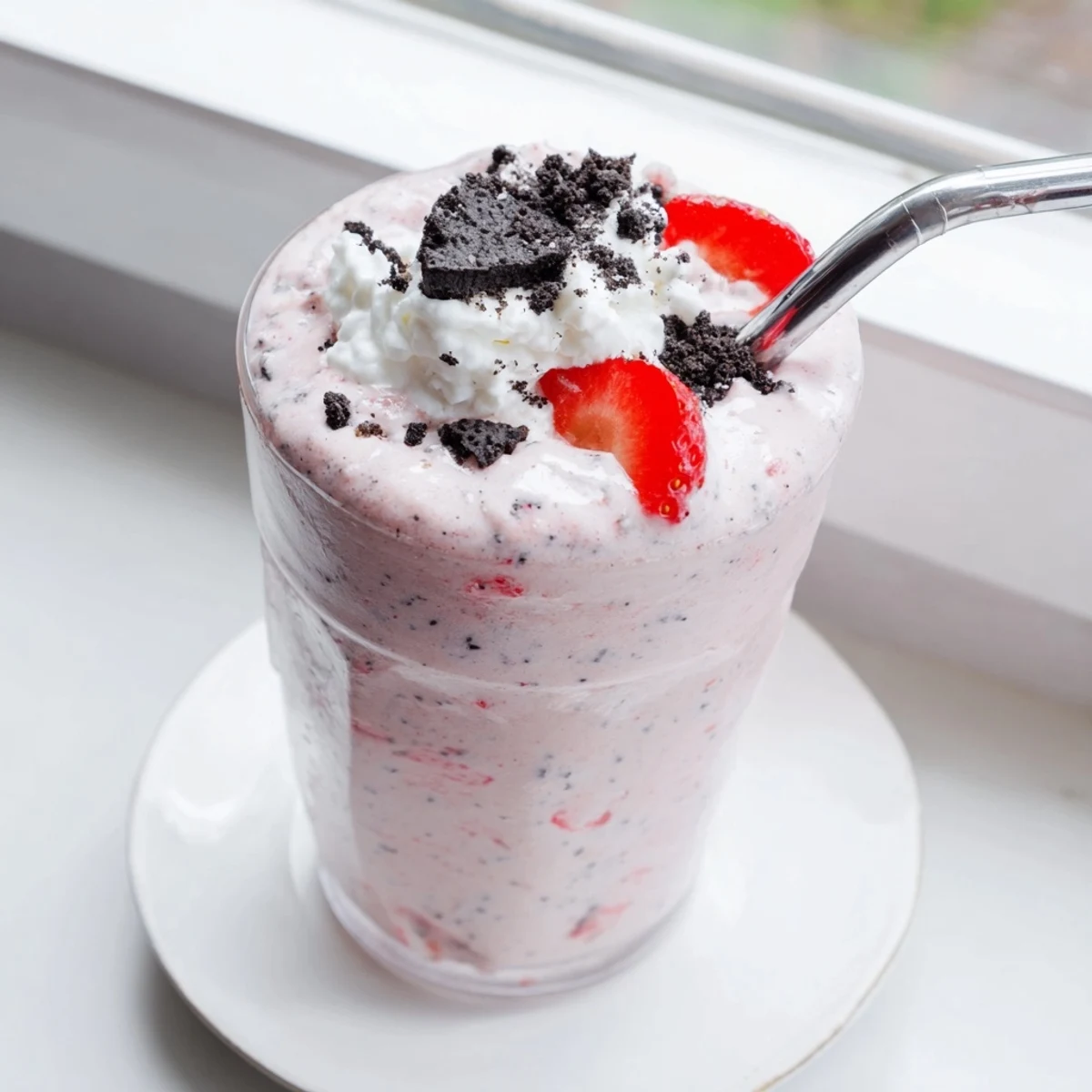 Thick pink strawberry Oreo milkshake topped with whipped cream in a glass
