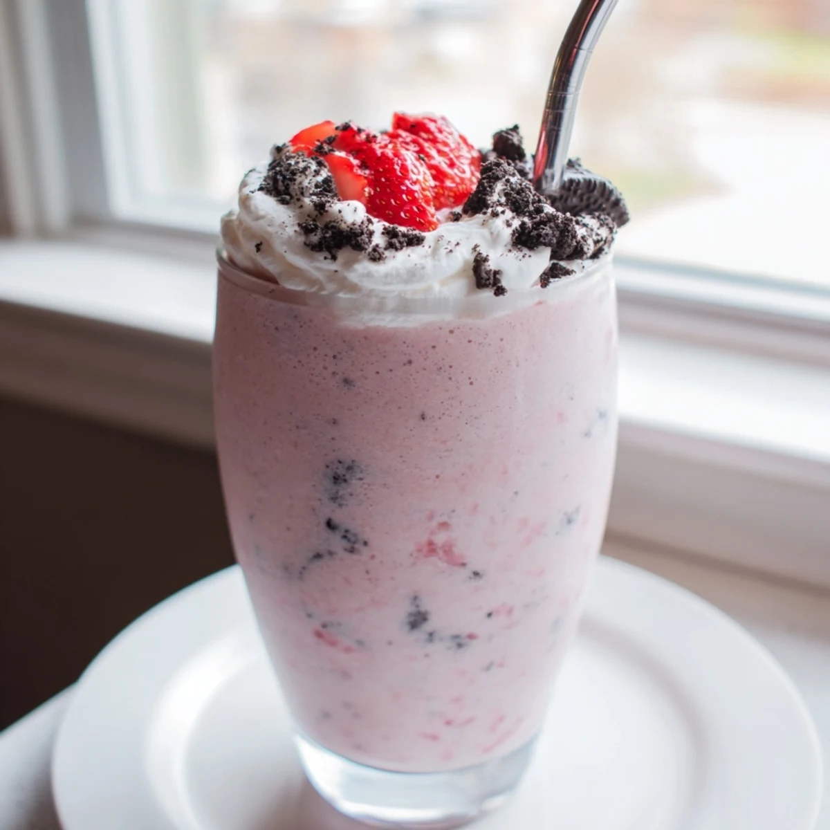 Creamy strawberry Oreo milkshake drizzled with crushed cookies and fresh strawberry slices