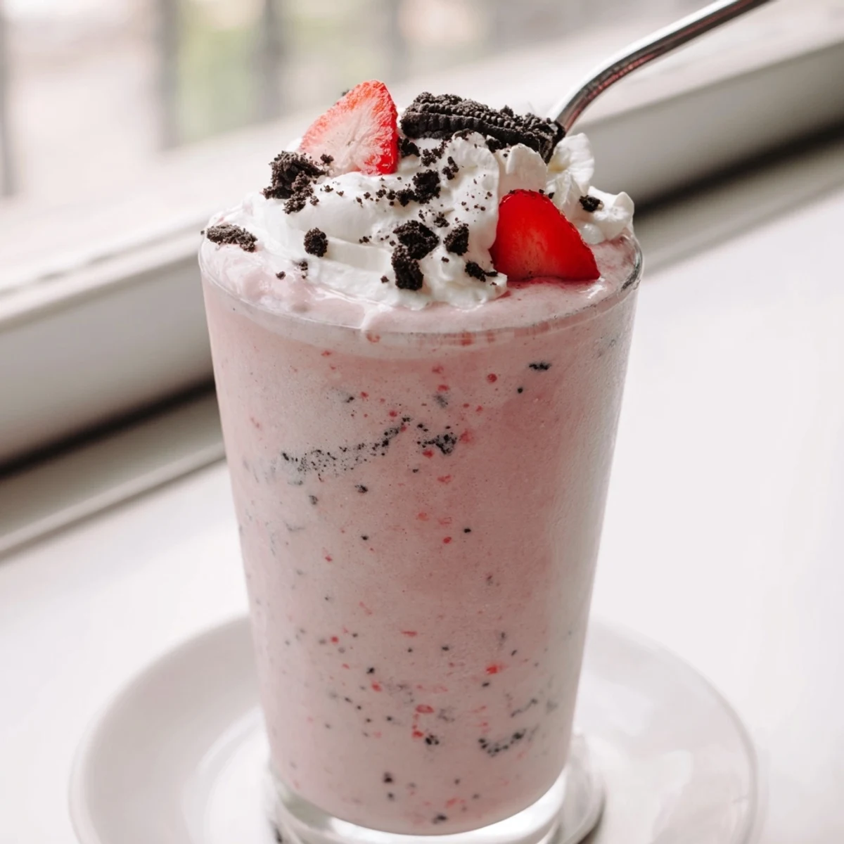 Chilled strawberry Oreo milkshake served tall with a whipped cream and Oreo garnish