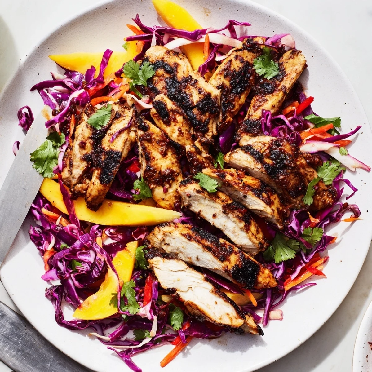 Charred jerk chicken slices resting on crisp mango slaw with lime wedges
