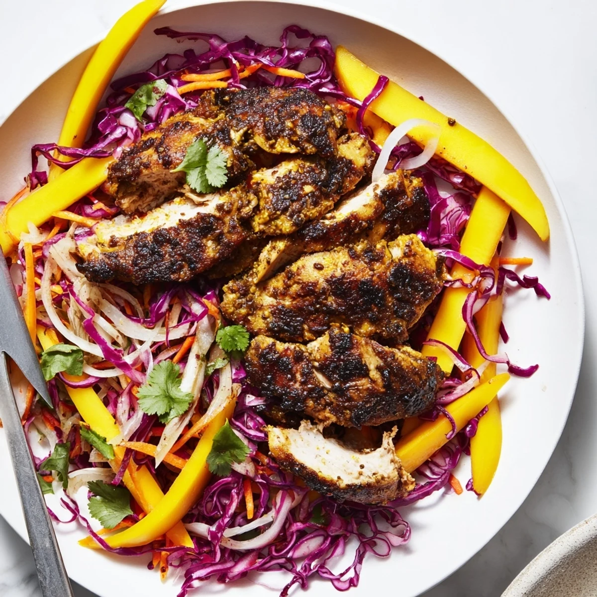 Grilled spicy jerk chicken thighs plated over bright julienned mango and cabbage slaw