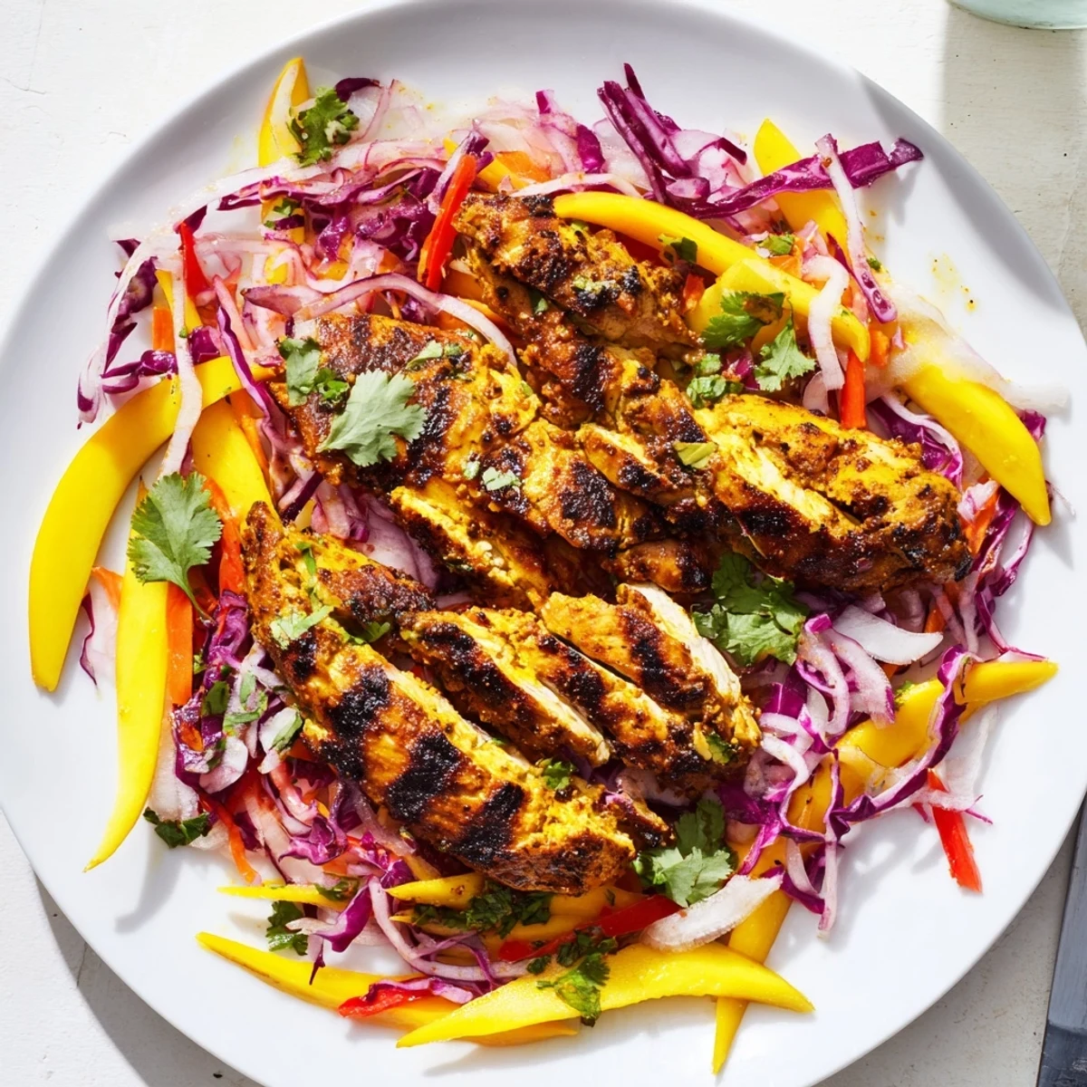 Juicy Caribbean jerk chicken served atop a sweet tangy mango slaw for summer