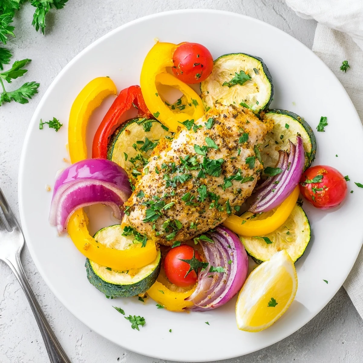 Sliced chicken foil packets recipe showcasing vibrant summer vegetables drizzled with Italian herb oil.