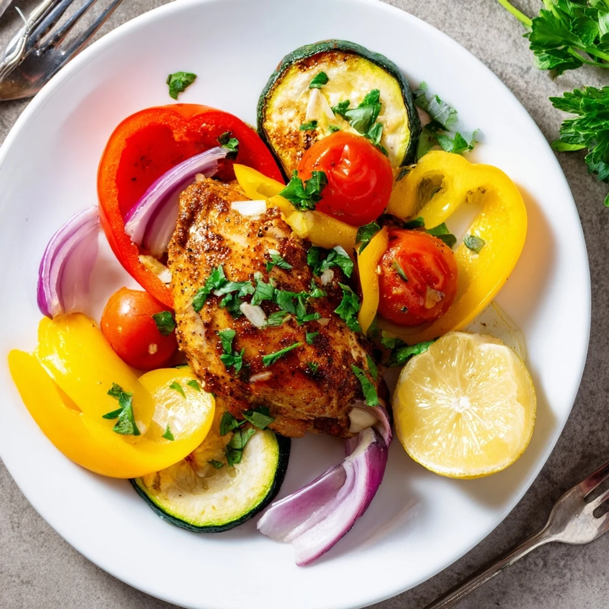 Golden chicken foil packets recipe garnished with fresh parsley and served with lemon wedges.