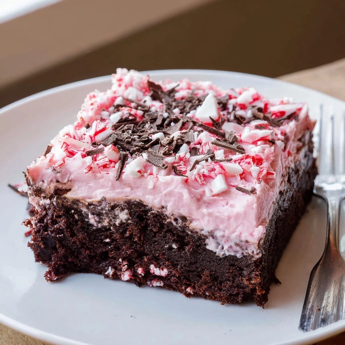 Peppermint Poke Cake with fluffy whipped topping and crushed peppermint, chilled