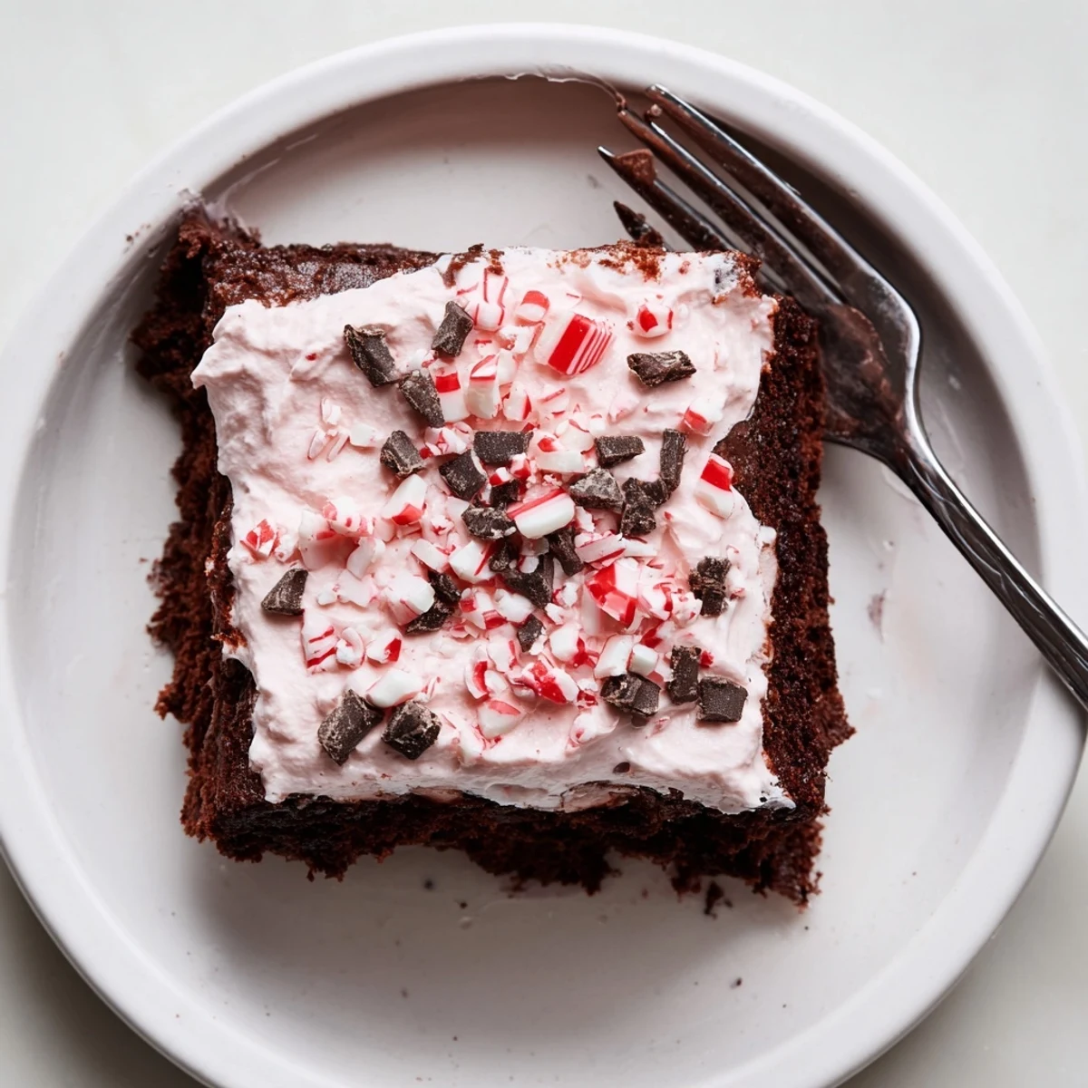 Slice of Peppermint Poke Cake showing glossy pudding filling and mint aroma