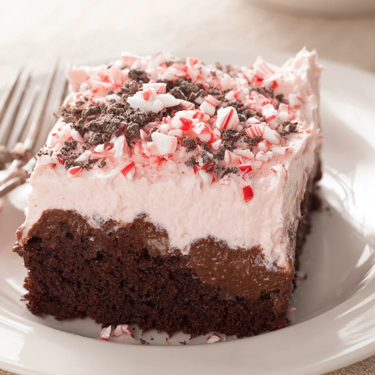 Generous slices of Peppermint Poke Cake garnished with crushed candy canes