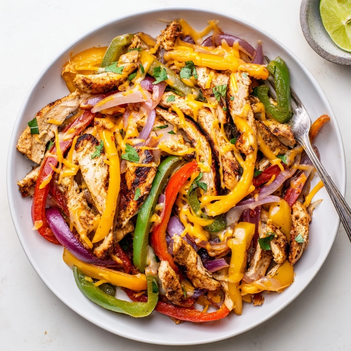 Cheesy Baja Chicken Bell Pepper Skillet bubbling with melted cheese and cilantro