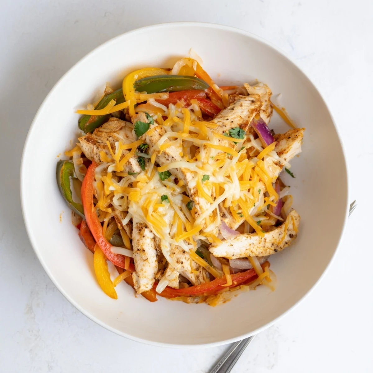 Sliced peppers and juicy chicken in Cheesy Baja Chicken Bell Pepper Skillet
