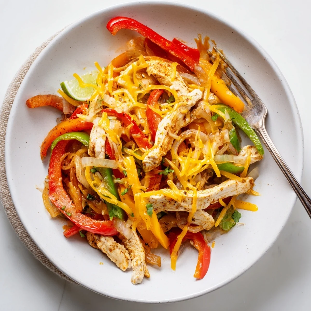 Cheesy Baja Chicken Bell Pepper Skillet served hot with lime and warm tortillas