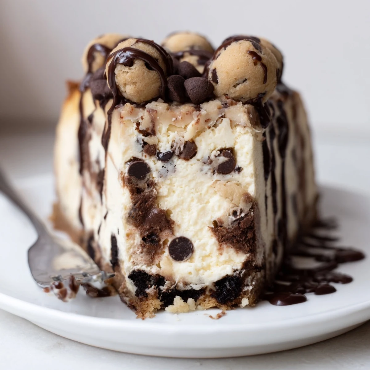 Creamy Chocolate Chip Cookie Dough Cheesecake with pockets of mini chocolate chips