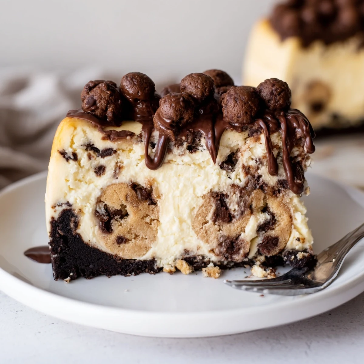 A chilled slice of rich Chocolate Chip Cookie Dough Cheesecake, studded with chips