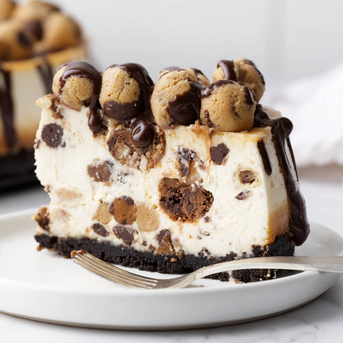 Warm aroma from oven, Chocolate Chip Cookie Dough Cheesecake cooling on rack