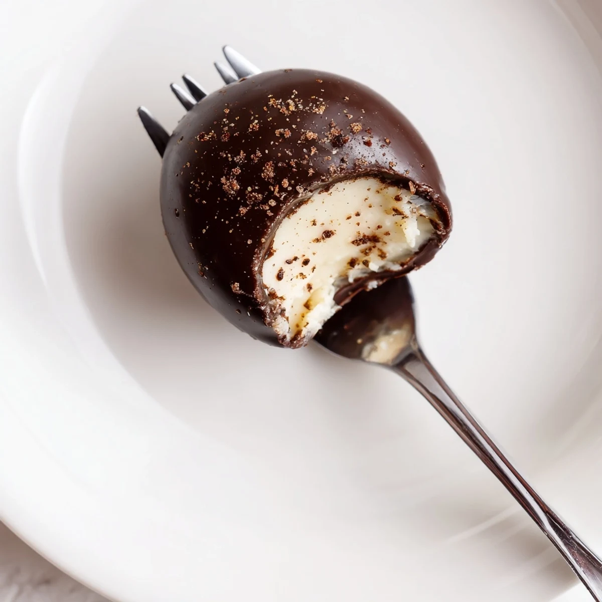 Dark Chocolate Eggnog Truffles with glossy shells and creamy spiced eggnog centers