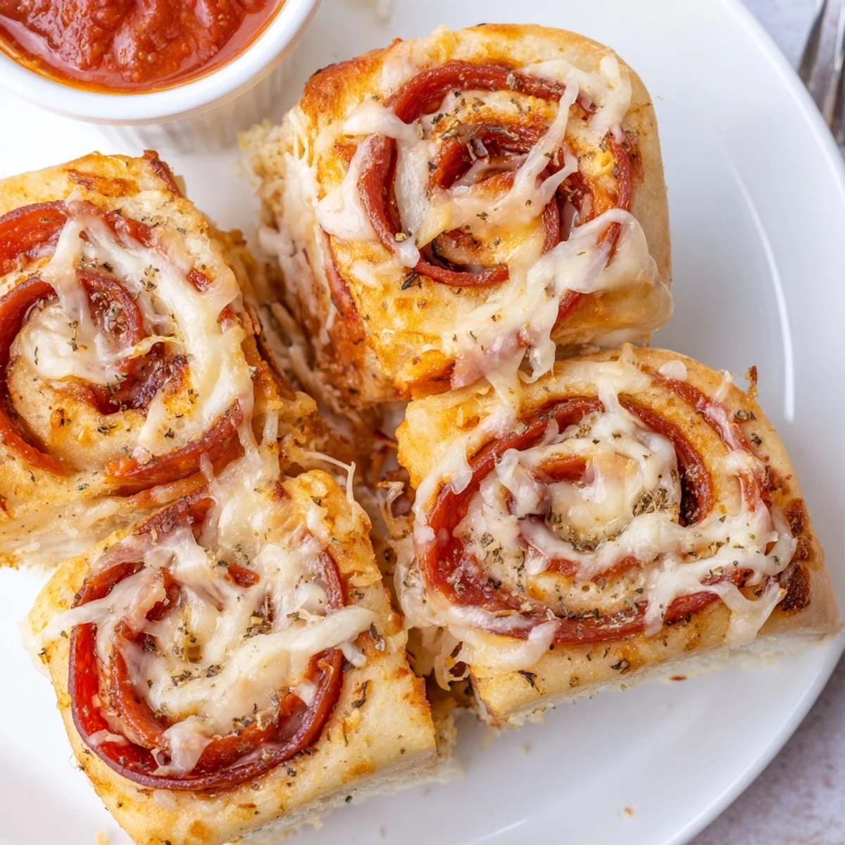 Pepperoni Pizza Roll Breadsticks Recipe showing golden, cheesy swirls with marinara.