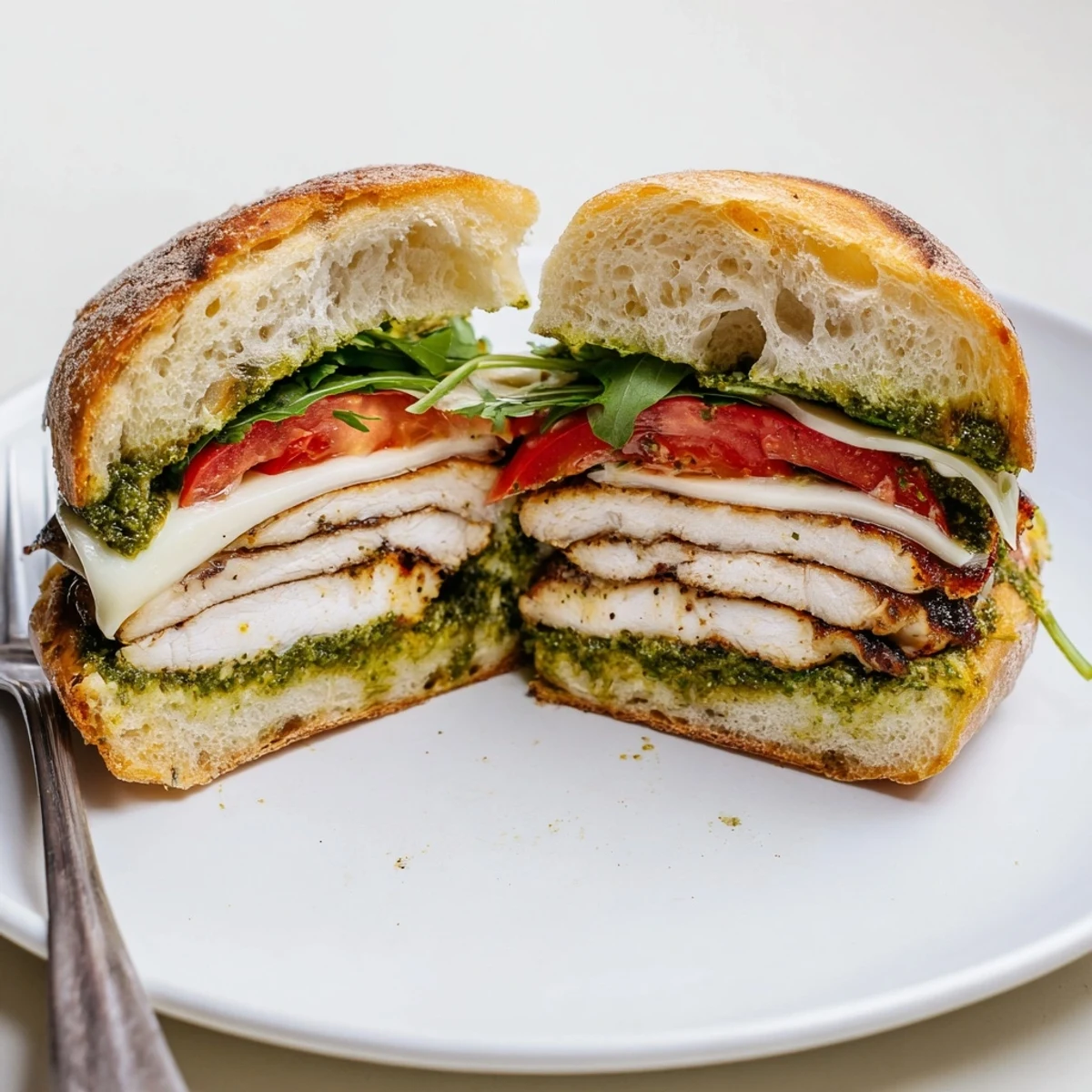 Warm Chicken Pesto Sandwich Recipe served on toasted ciabatta, juicy tomato slices