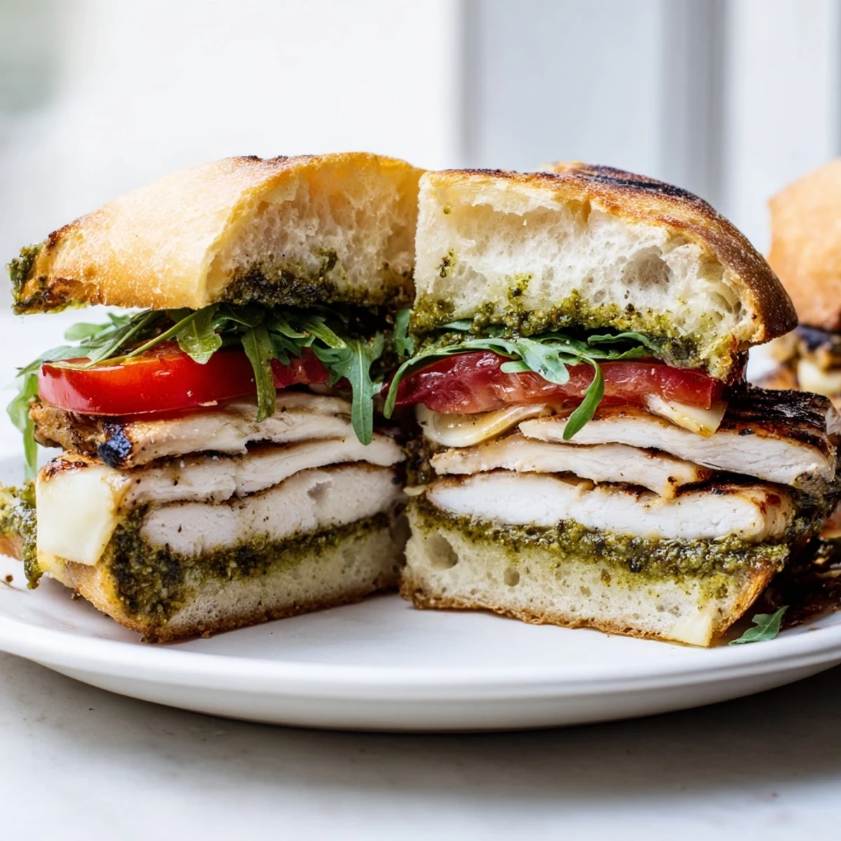 Quick Chicken Pesto Sandwich Recipe layered with peppery arugula, creamy cheese, fragrant pesto