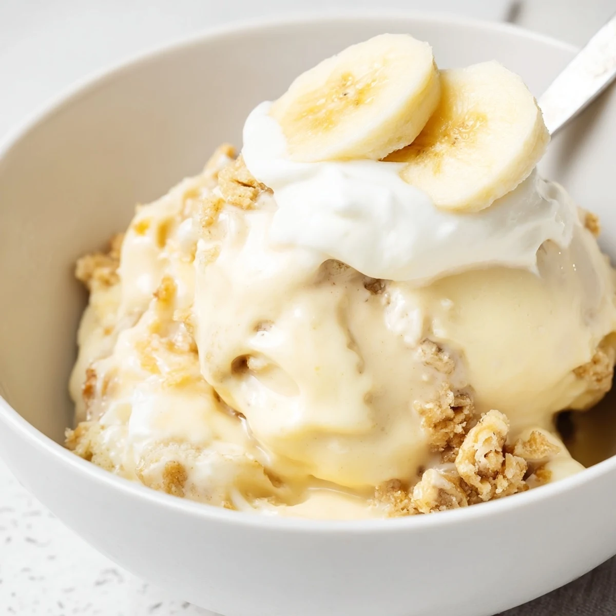 Rich Ninja Creami Banana Cream Pie Ice Cream with buttery graham swirl.