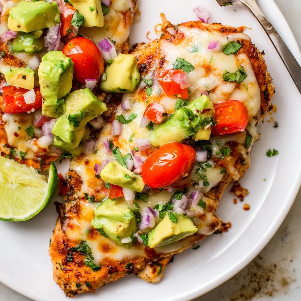 Grilled Fiesta Lime Chicken With Avocado topped with creamy salsa and lime  
