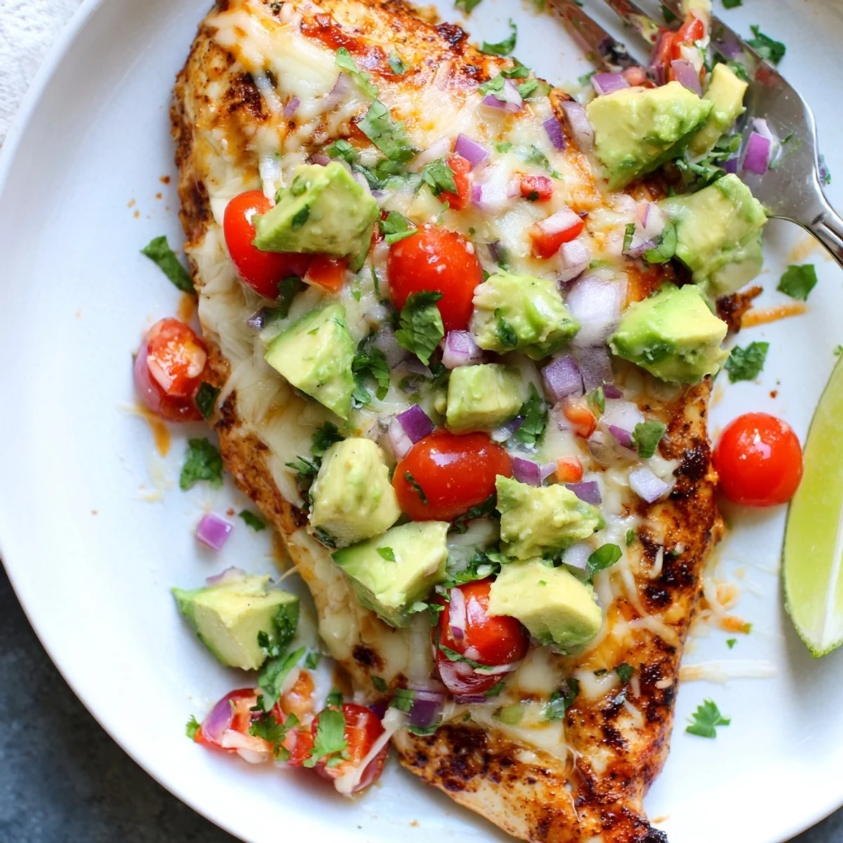 Zesty Fiesta Lime Chicken With Avocado on platter, tomatoes, onion, cilantro  